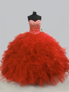Latest Rust Red Sleeveless Floor Length Beading and Ruffles Lace Up 15th Birthday Dress