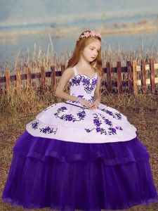 Straps Sleeveless Little Girls Pageant Dress Wholesale Floor Length Embroidery Eggplant Purple Tulle