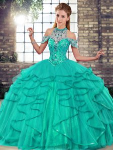 Custom Design Ball Gowns Sweet 16 Quinceanera Dress Turquoise Halter Top Tulle Sleeveless Floor Length Lace Up
