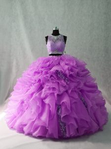 Most Popular Lilac Zipper Scoop Beading and Ruffles Sweet 16 Dress Organza and Sequined Sleeveless Brush Train