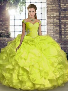 Custom Fit Yellow Off The Shoulder Lace Up Beading and Ruffles Vestidos de Quinceanera Sleeveless