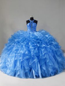 Classical Blue Scoop Neckline Beading and Ruffles Sweet 16 Dress Sleeveless Zipper