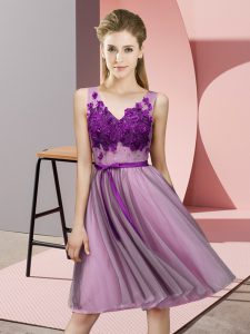 Modern Lilac Sleeveless Tulle Lace Up Dama Dress for Wedding Party