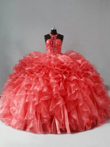 Fitting Coral Red Ball Gowns Halter Top Sleeveless Organza Brush Train Zipper Beading and Ruffles 15 Quinceanera Dress
