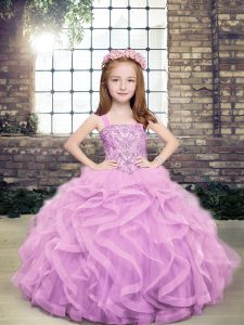 Trendy Lavender Tulle Lace Up Straps Sleeveless Floor Length Child Pageant Dress Beading and Ruffles