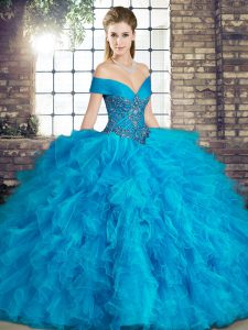 New Style Blue Ball Gowns Off The Shoulder Sleeveless Tulle Floor Length Lace Up Beading and Ruffles Sweet 16 Dress