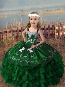 Straps Sleeveless Lace Up Little Girls Pageant Gowns Green Organza