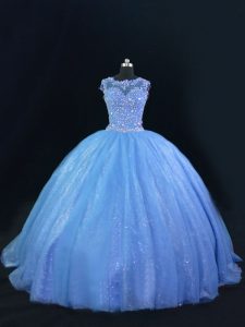 Blue Quinceanera Gown Tulle and Sequined Sleeveless Beading