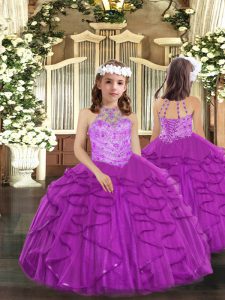 Sleeveless Floor Length Beading and Ruffles Lace Up Child Pageant Dress with Purple