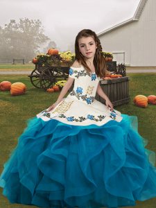 Great Blue Organza Lace Up Little Girl Pageant Gowns Sleeveless Floor Length Embroidery and Ruffles