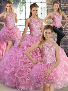 Latest Rose Pink Sleeveless Fabric With Rolling Flowers Lace Up Sweet 16 Dress for Military Ball and Sweet 16 and Quinceanera