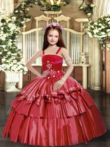Charming Taffeta Straps Sleeveless Lace Up Beading and Ruffled Layers Little Girls Pageant Dress Wholesale in Red