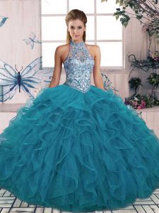 Teal Tulle Lace Up Halter Top Sleeveless Floor Length Sweet 16 Dress Beading and Ruffles