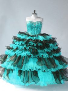 Blue And Black Sleeveless Floor Length Beading and Ruffled Layers Lace Up Quinceanera Gowns