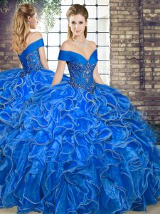 Romantic Royal Blue Ball Gowns Beading and Ruffles Quinceanera Dresses Lace Up Organza Sleeveless Floor Length