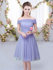 Fashionable Knee Length Lace Up Court Dresses for Sweet 16 Lavender for Wedding Party with Belt