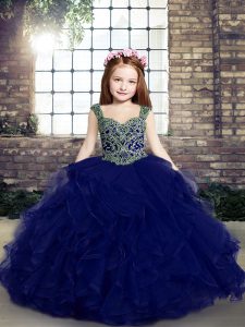 Blue Sleeveless Tulle Lace Up Little Girl Pageant Gowns for Party and Sweet 16 and Wedding Party