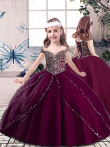 Ball Gowns Little Girls Pageant Dress Wholesale Burgundy Straps Tulle Sleeveless Floor Length Lace Up