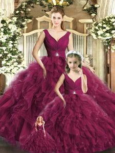 Fabulous Floor Length Backless 15 Quinceanera Dress Burgundy for Military Ball and Sweet 16 and Quinceanera with Beading and Ruffles
