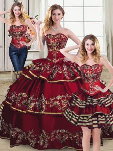 Wine Red Ball Gowns Sweetheart Sleeveless Organza Floor Length Lace Up Embroidery and Ruffled Layers 15th Birthday Dress