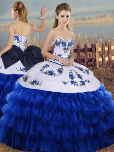 Enchanting Sleeveless Organza Floor Length Lace Up Vestidos de Quinceanera in Royal Blue with Embroidery and Ruffled Layers and Bowknot