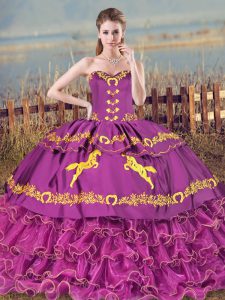 Ideal Purple Vestidos de Quinceanera Sweet 16 and Quinceanera with Embroidery and Ruffles Sweetheart Sleeveless Brush Train Lace Up