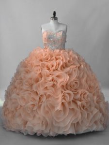 Peach Sleeveless Fabric With Rolling Flowers Brush Train Lace Up Ball Gown Prom Dress for Sweet 16 and Quinceanera