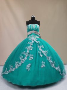 Turquoise Strapless Lace Up Appliques Sweet 16 Dresses Sleeveless