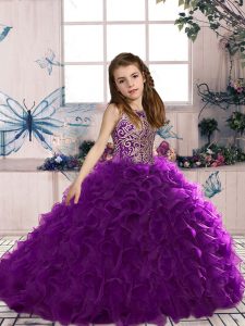 Popular Sleeveless Organza Floor Length Lace Up Little Girls Pageant Gowns in Eggplant Purple with Beading and Ruffles