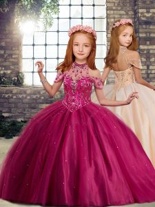 Fuchsia Sleeveless Beading Floor Length Little Girls Pageant Gowns