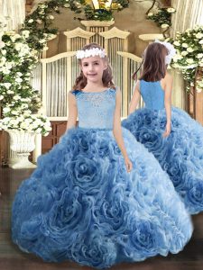 Custom Designed Blue Fabric With Rolling Flowers Zipper Bateau Sleeveless Floor Length Pageant Dress Toddler Beading