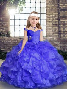 Blue Organza Lace Up Straps Sleeveless Floor Length Girls Pageant Dresses Beading and Ruffles