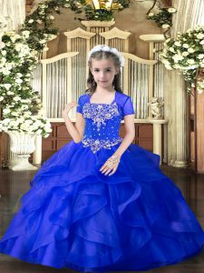 Charming Royal Blue Sleeveless Tulle Lace Up Little Girls Pageant Dress for Party and Wedding Party