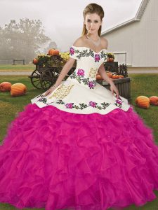 Best Fuchsia Sleeveless Embroidery and Ruffles Floor Length Sweet 16 Dress
