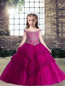 Fuchsia Lace Up Off The Shoulder Beading and Lace and Appliques Child Pageant Dress Tulle Sleeveless