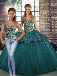 Discount Sleeveless Tulle Floor Length Lace Up 15th Birthday Dress in Green with Beading and Appliques