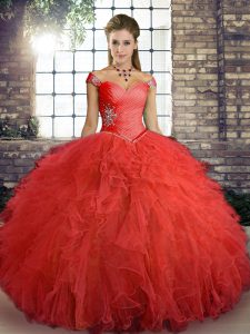 Floor Length Lace Up Quince Ball Gowns Orange Red for Military Ball and Sweet 16 and Quinceanera with Beading and Ruffles