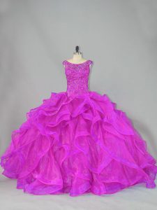 Exceptional Sleeveless Brush Train Beading Lace Up Quinceanera Gown