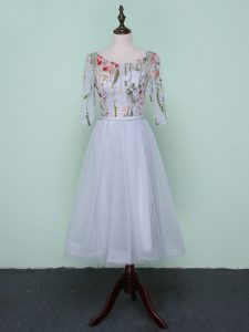 Tulle Scoop Half Sleeves Lace Up Embroidery Dama Dress for Quinceanera in Grey