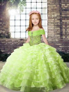 Organza Straps Sleeveless Brush Train Lace Up Beading and Ruffled Layers Little Girl Pageant Gowns in Yellow Green