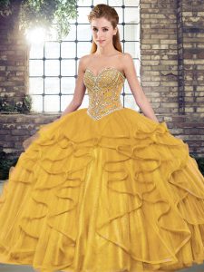 Lovely Gold Tulle Lace Up Sweetheart Sleeveless Floor Length Sweet 16 Dress Beading and Ruffles