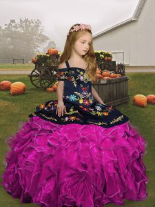 Sleeveless Lace Up Floor Length Embroidery and Ruffles Little Girl Pageant Dress