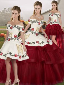 Deluxe Sleeveless Tulle Brush Train Lace Up Sweet 16 Quinceanera Dress in Wine Red with Embroidery and Ruffled Layers