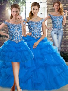 Blue Tulle Lace Up Off The Shoulder Sleeveless Vestidos de Quinceanera Brush Train Beading and Pick Ups
