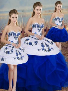 Fitting Royal Blue Lace Up Sweetheart Embroidery and Ruffles and Bowknot Quinceanera Gown Tulle Sleeveless