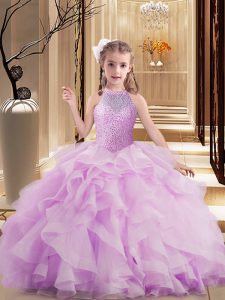 Inexpensive Sleeveless Tulle Floor Length Lace Up Little Girl Pageant Dress in Lilac with Beading