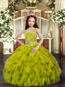 Stunning Straps Sleeveless Pageant Dress Floor Length Ruffles Olive Green Tulle