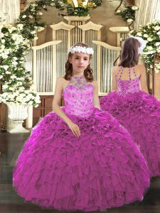 Fuchsia Little Girl Pageant Dress Party and Wedding Party with Beading and Ruffles Halter Top Sleeveless Lace Up
