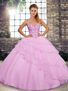 Pretty Tulle Sweetheart Sleeveless Brush Train Lace Up Beading and Ruffled Layers Sweet 16 Dresses in Lilac