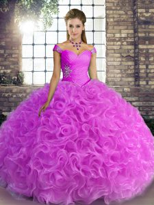 Clearance Lilac Lace Up Off The Shoulder Beading Quinceanera Dress Fabric With Rolling Flowers Sleeveless